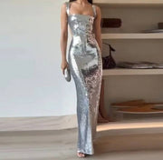 Halter Backless Metallic Dress