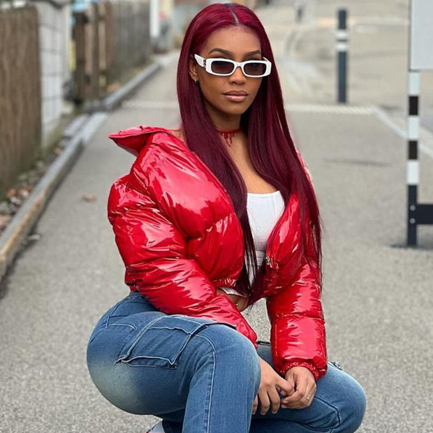 Cropped PU Leather Puffer Jacket