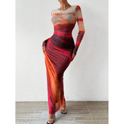 Gradient Mesh Printed O-Neck Fishtail Dress