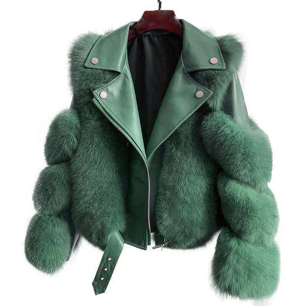 Sheepskin Leather Fox Fur Coat