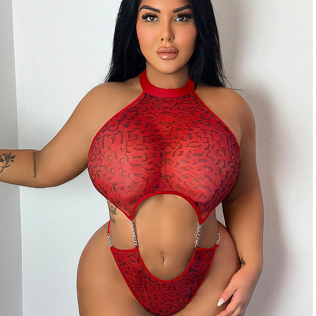 Leopard Print Sheer Chain Bodysuit