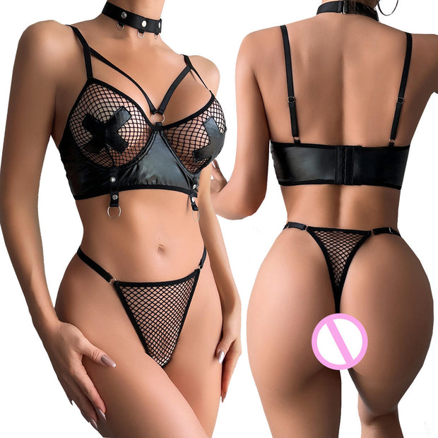 Fishnet PU Leather Lingerie Set