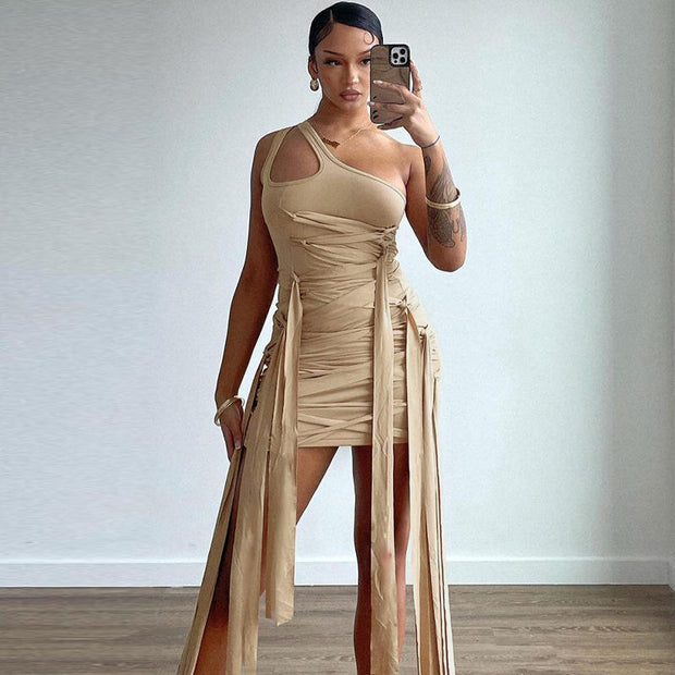 One Shoulder Hollow Out Bandage Mini Dress