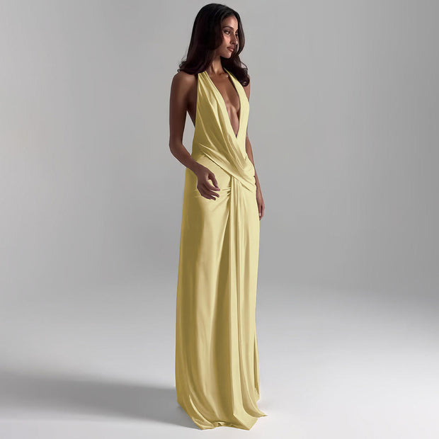 Deep V Neck Backless Halter Dress