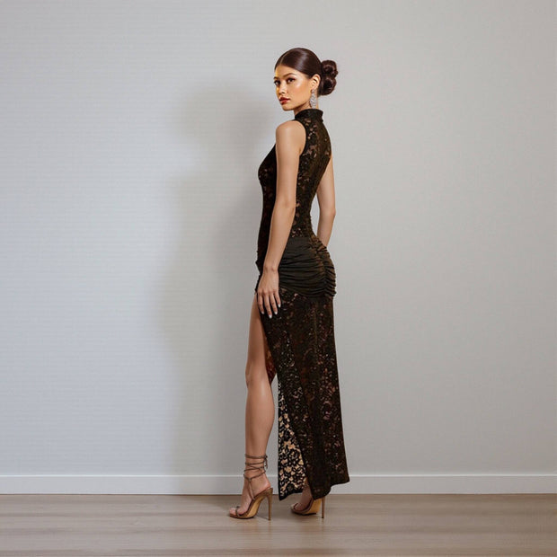 Sleeveless Black Hollow-Out Long Slit Dress