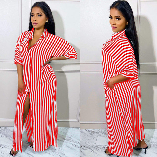 Elegant Half Sleeve Striped Knitted Maxi Dress