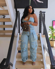 Plus Size Denim Cargo Jumpsuit