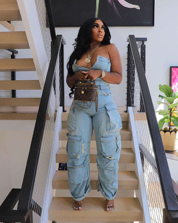 Plus Size Denim Cargo Jumpsuit