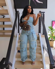 Plus Size Denim Cargo Jumpsuit