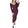 V-Neck Long Sleeve Knitted Sweater Dress