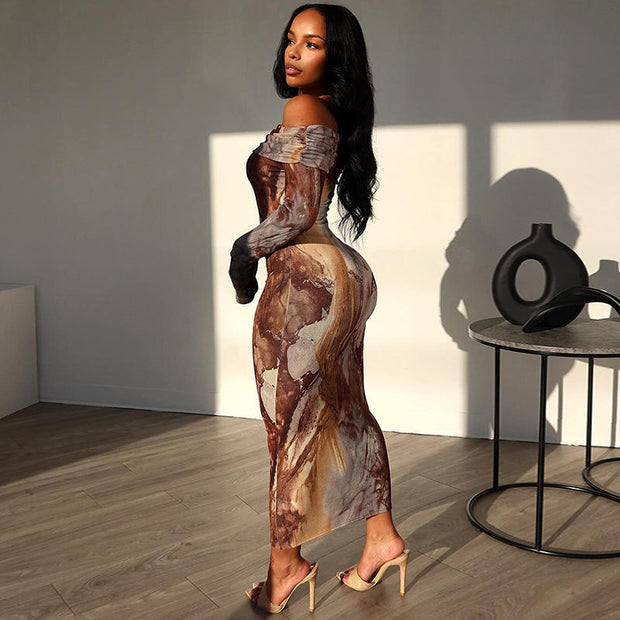 Print Long Sleeve Off Shoulder Maxi Dress
