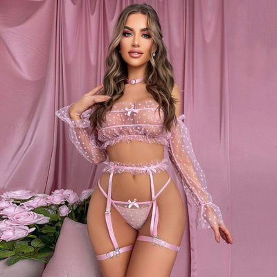 See-Through Mesh Long Sleeve Lingerie Set