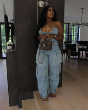 Plus Size Denim Cargo Jumpsuit
