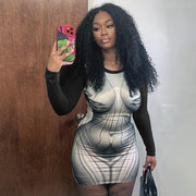 Long Sleeve Body Print Short Dress