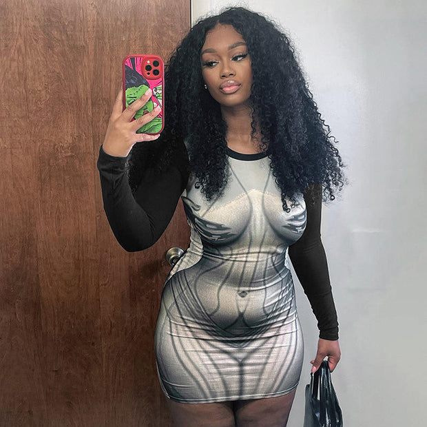 Long Sleeve Body Print Short Dress