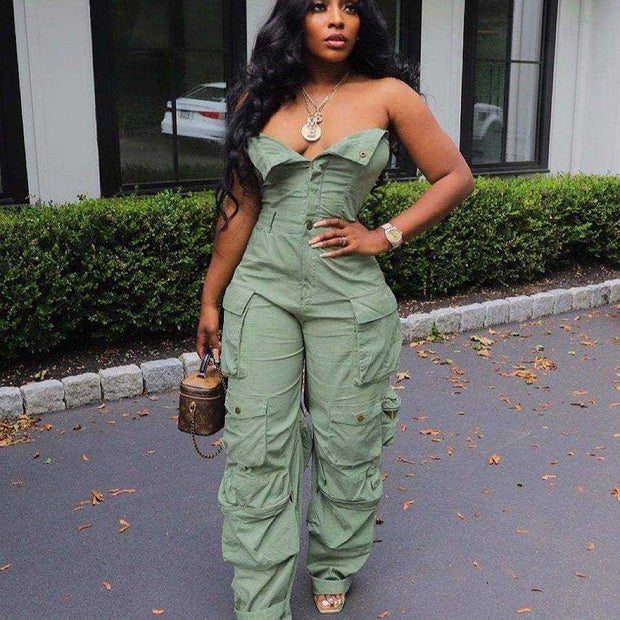 Plus Size Denim Cargo Jumpsuit