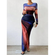 Gradient Mesh Printed O-Neck Fishtail Dress