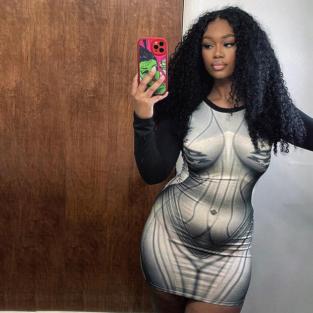 Long Sleeve Body Print Short Dress