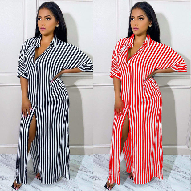 Elegant Half Sleeve Striped Knitted Maxi Dress