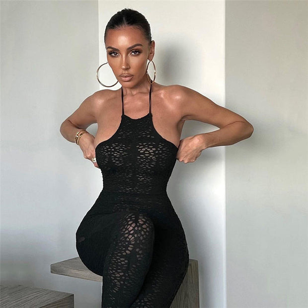 Halter Lace-Up Bodycon Jumpsuit