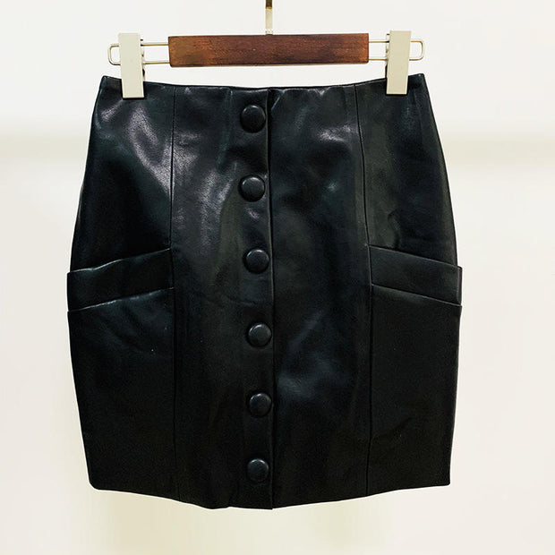 Plus Size PU Leather Button Skirt