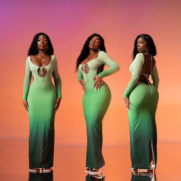 Backless Bodycon Gradient Maxi Dress