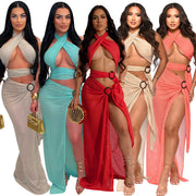 Fishnet Cross Neck Slit Party Dress