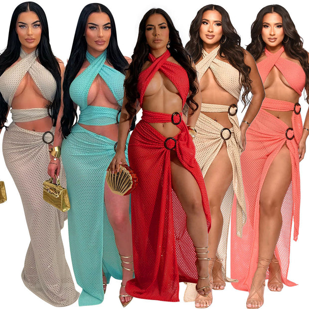 Fishnet Cross Neck Slit Party Dress