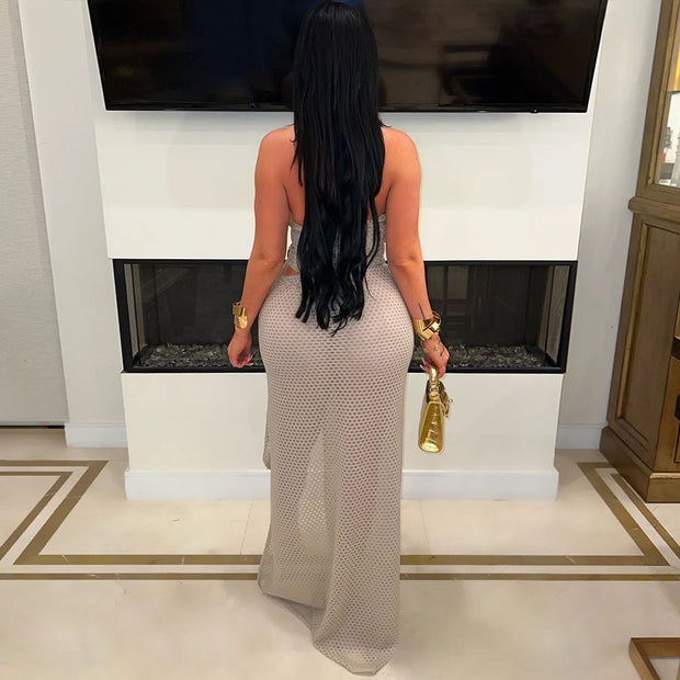 Fishnet Cross Neck Slit Party Dress