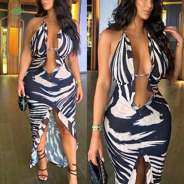 Striped Split Hollow Out Halter Dress