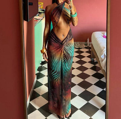 Mesh Halter Backless Midi Dress