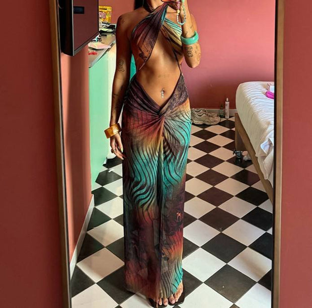 Mesh Halter Backless Midi Dress