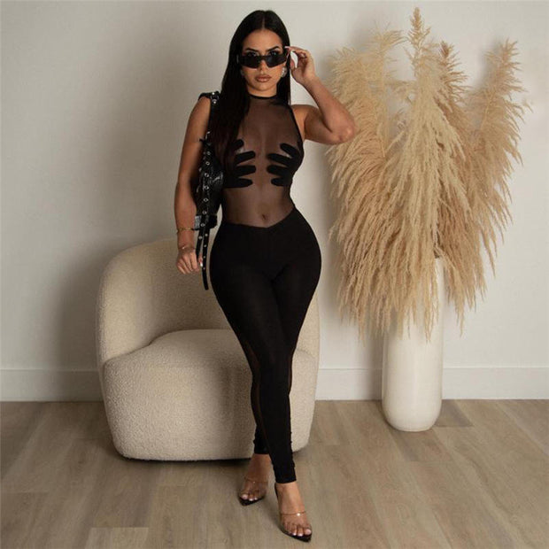Mesh See-Through Bodycon Jumpsuit