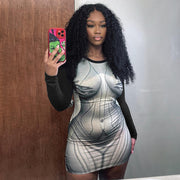 Long Sleeve Body Print Short Dress