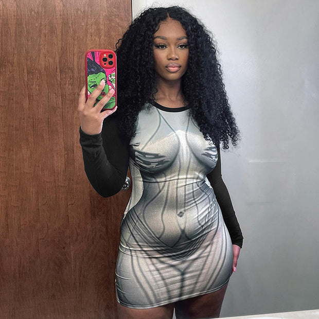 Long Sleeve Body Print Short Dress