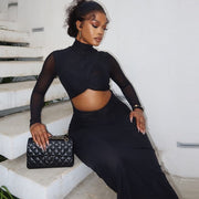 Elegant Hollow Patchwork Long Sleeve Maxi Dress