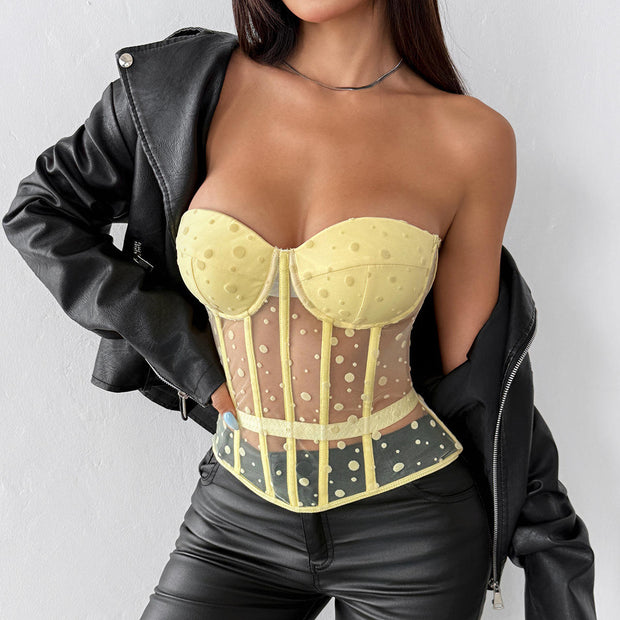 Pink Mesh Perspective Fishbone Waist Wrap Corset