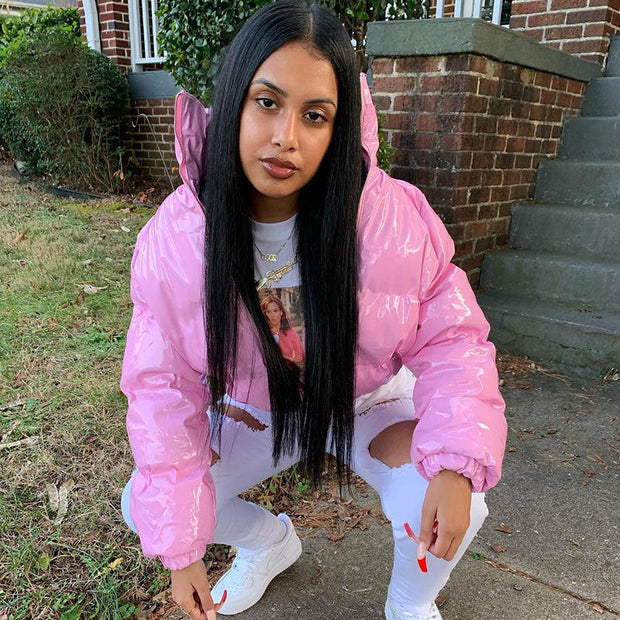 Cropped PU Leather Puffer Jacket