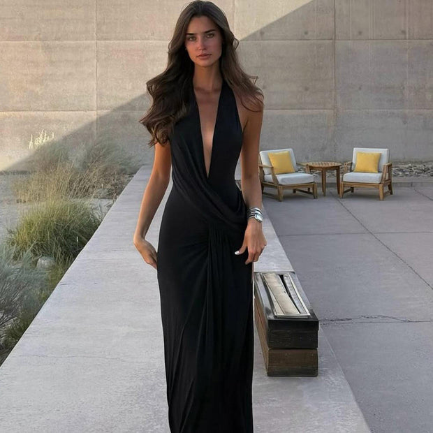 Deep V Neck Backless Halter Dress