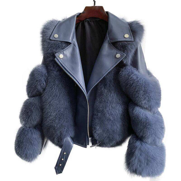 Sheepskin Leather Fox Fur Coat