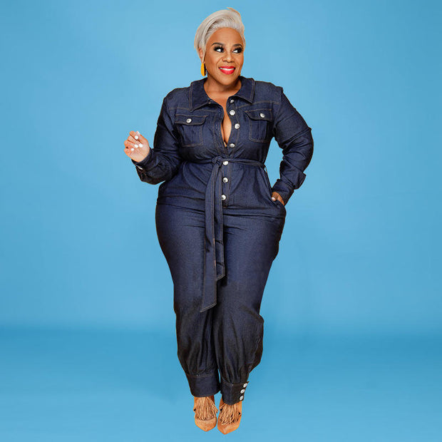Plus Size Denim Long Jumpsuit