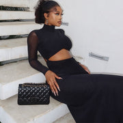 Elegant Hollow Patchwork Long Sleeve Maxi Dress