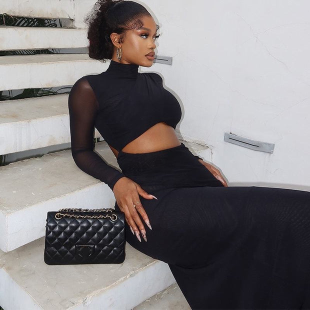 Elegant Hollow Patchwork Long Sleeve Maxi Dress