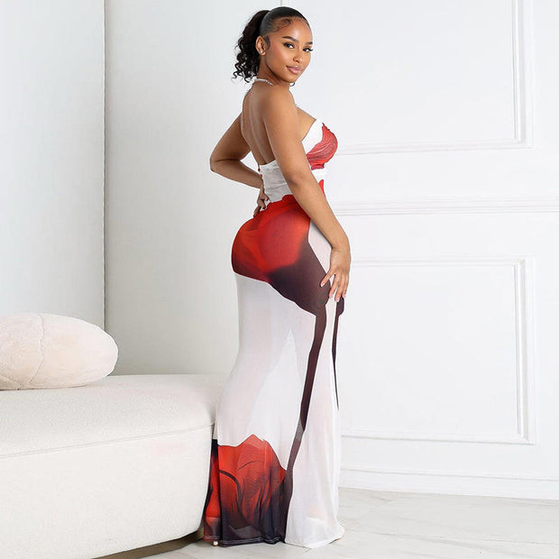 Sleeveless Elegant Printed Backless Maxi Dress