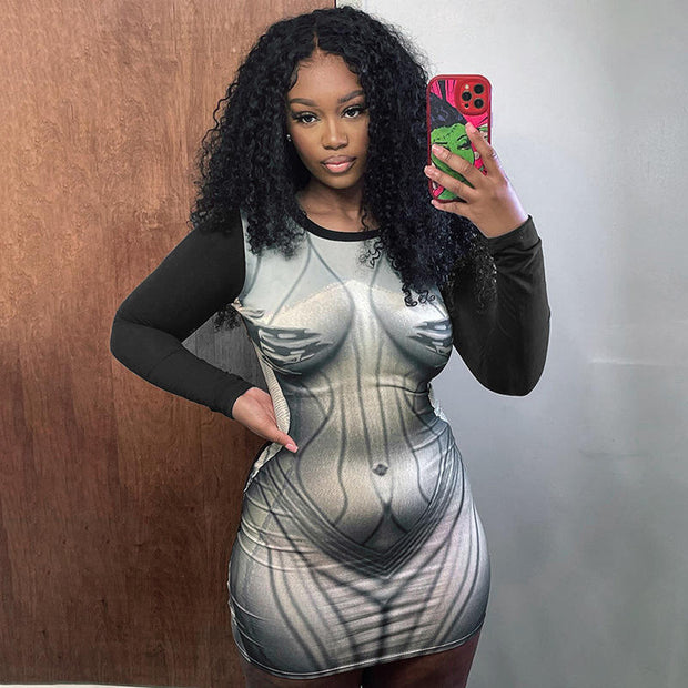 Long Sleeve Body Print Short Dress