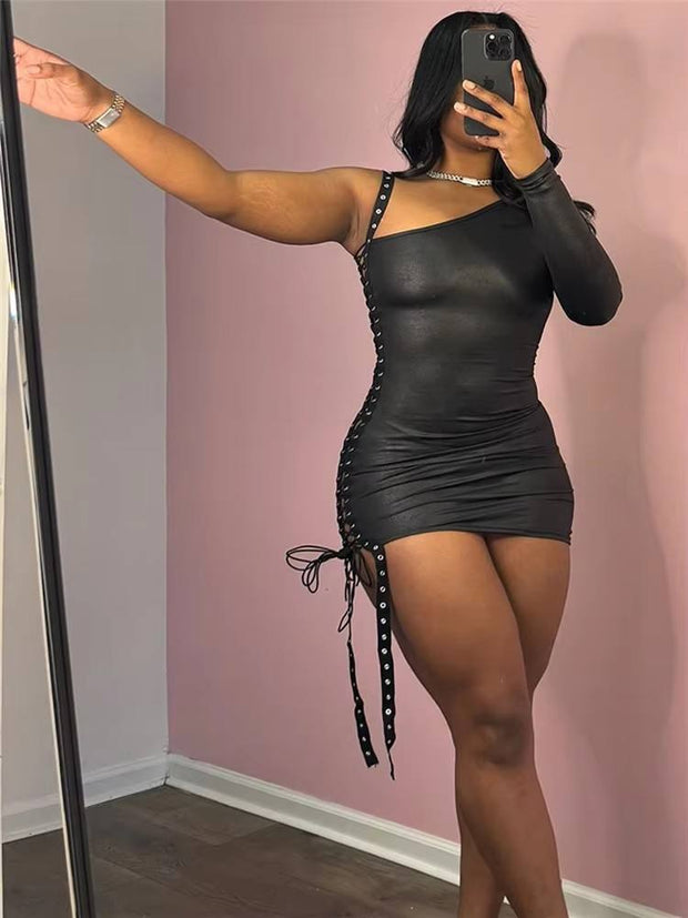 Black Bandage Patchwork One Shoulder Mini Dress