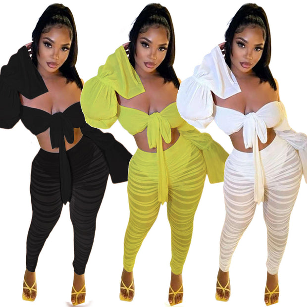 Shoulder Mesh Ruched Pants Set