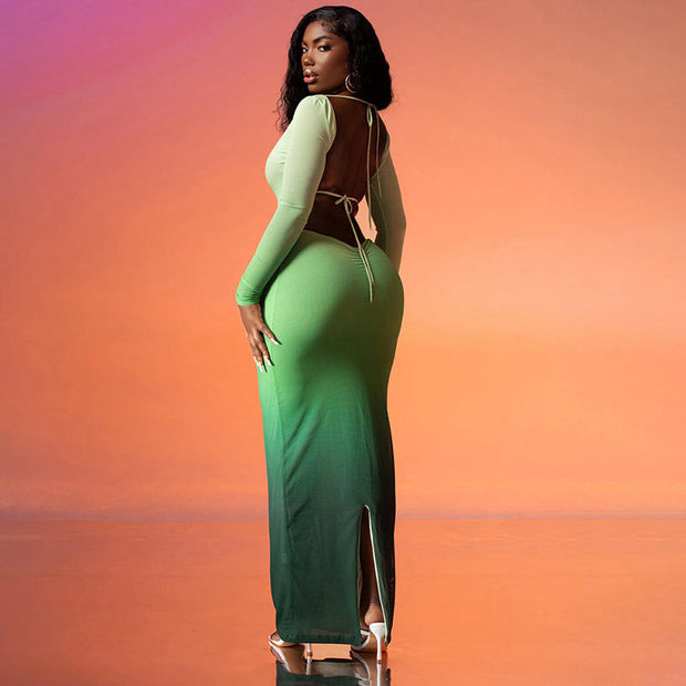 Backless Bodycon Gradient Maxi Dress