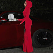 Elegant Hooded Long Sleeve Maxi Party Dress