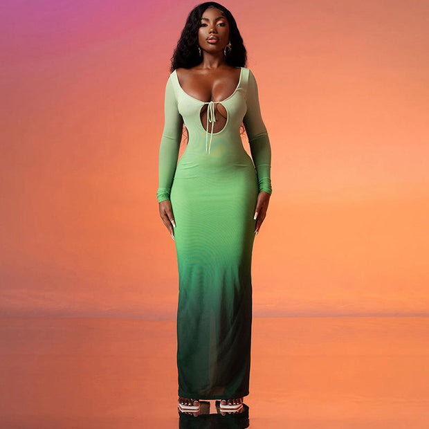 Backless Bodycon Gradient Maxi Dress